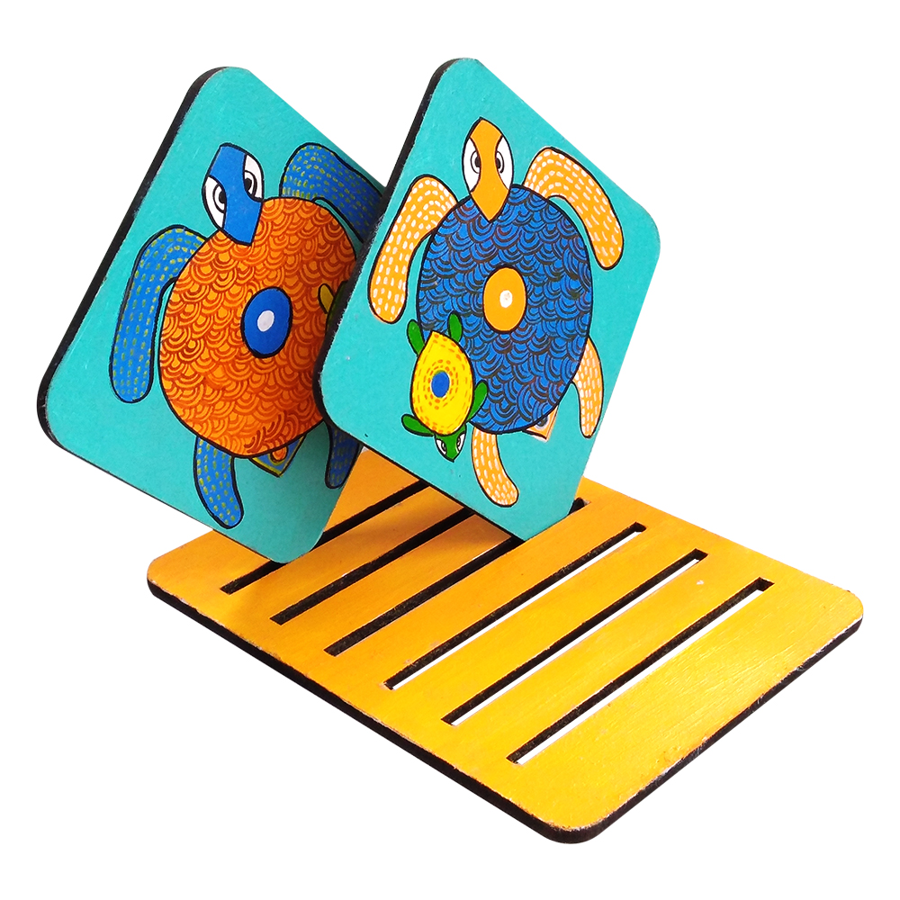 Gond art on Square Tea coasters with stand  DIY Kit by Penkraft